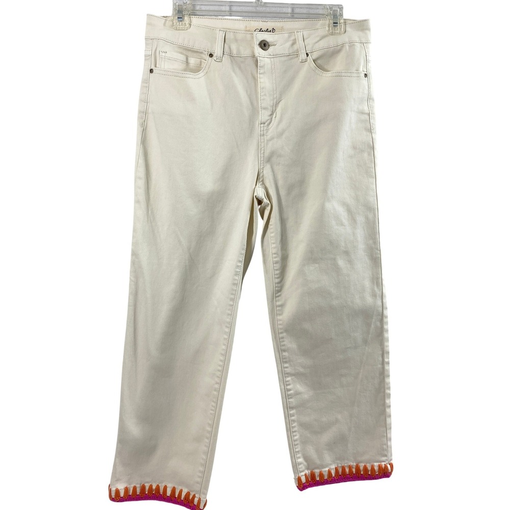Charlie B Pants Women Sz 8 Cream Crochet Hem Mid Rise Straight Leg Boho Festival